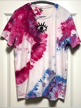 Boho Pride Lightweight Tee Handmade Block Print Tie Dye Third Eye Pink Blue L